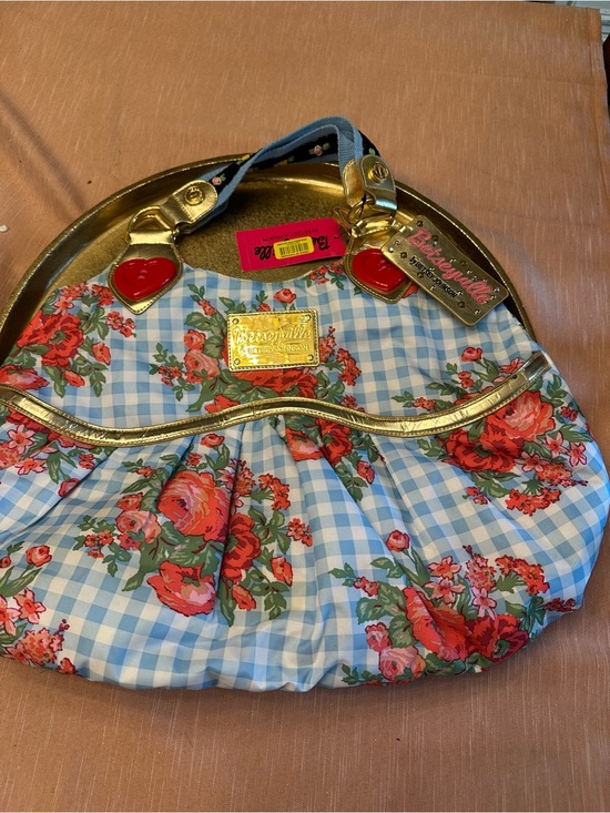 Betsey Johnson Handbags - Vintage Betsey Johnson Blue Gingham Shoulder Bag with Red Floral Print